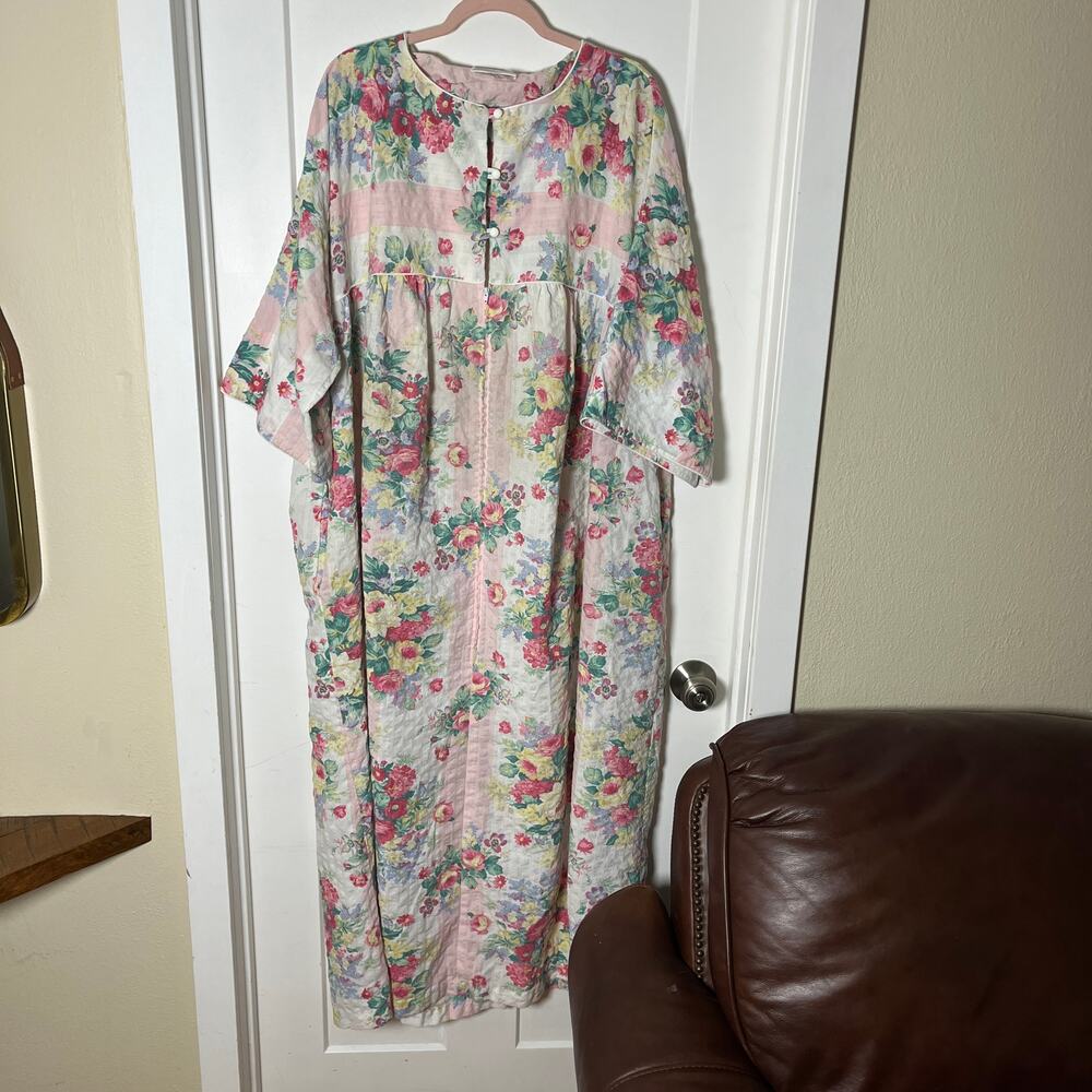 Miss Elaine at Home Zip Up Robe Floral Seersucker XXL